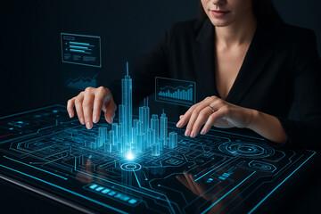 AI generated image of woman interacting with holographic smart city model on digital interface table glowing in blue light symbolizing data control innovation and smart technology