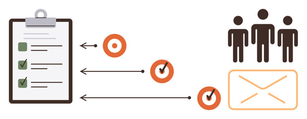 Clipboard with checklist, arrows leading to targets, group of three people, and envelope. Ideal for workflow, productivity, teamwork, project management, goal setting communication organization