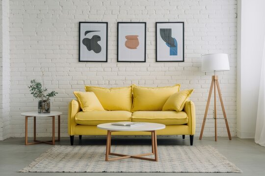 Bright yellow sofa with abstract art on white brick wall and modern furniture couch interior