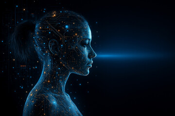 AI generated futuristic artwork showing a female profile integrated with glowing circuits symbolizing technology innovation and future vision