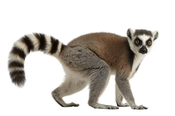Fototapeta premium A ring-tailed lemur, isolated on a transparent background, displays its distinctive markings and bushy tail. background removed