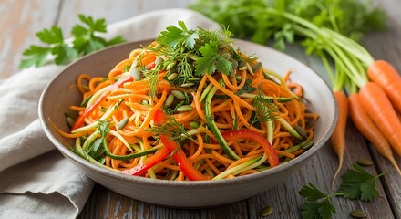 Colorful Carrot and Zucchini Noodles Salad.