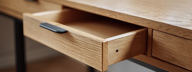Fototapeta premium Light-colored wooden desk drawer open
