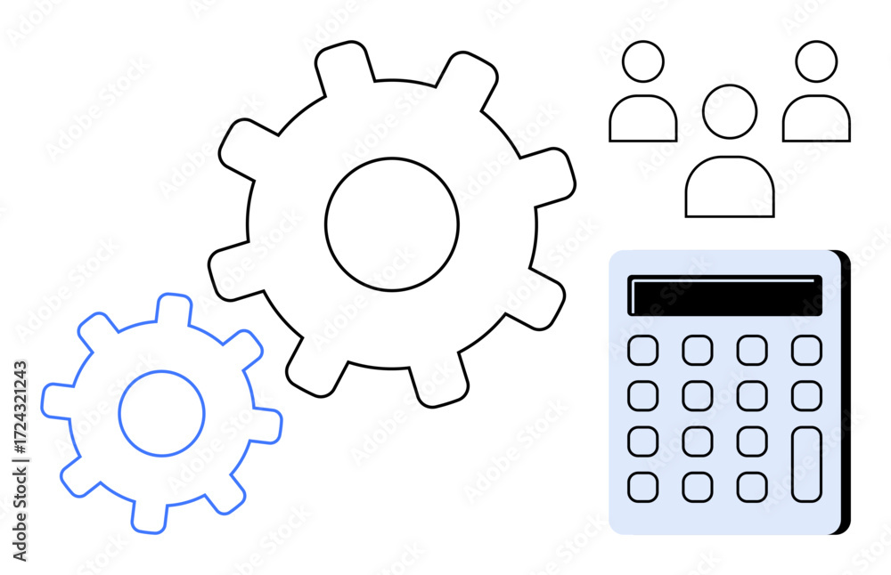 Aufkleber gears representing processes, calculator symbolizing analytics, and team icons for collaboration. id