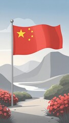Chinese flag waving over serene landscape