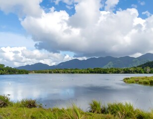 Tranquil lake landscape under a partly cloudy sky