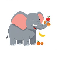 Fototapeta premium Elephant eating leaves with trunk. Wild animal standing in nature. Flat vector illustration isolated on white background. Perfect for wildlife, safari, and jungle concepts.
