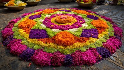 Colorful floral mandala on a paved surface