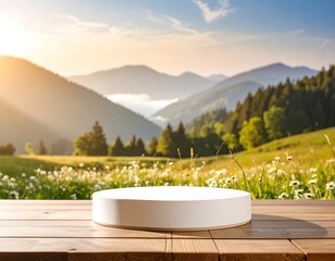 Empty white pedestal on wooden table, mountain landscape background