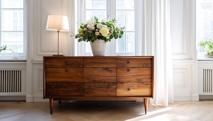 Fototapeta premium Modern wooden dresser, flowers, sunlight