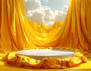 Empty white pedestal surrounded by yellow drapes