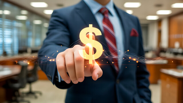 Businessman touching virtual dollar sign, representing finance, investment, and financial technology.