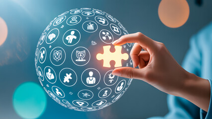 Solving global connection, a hand holds a puzzle piece, connecting it to a sphere of icons.