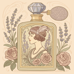 Elegant perfume bottle with flapper on label surrounded with soft flowers. Vector poster