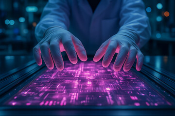 AI generated futuristic digital art showing hands in gloves above glowing electronic circuit symbolizing innovation technology and human connection with digital future