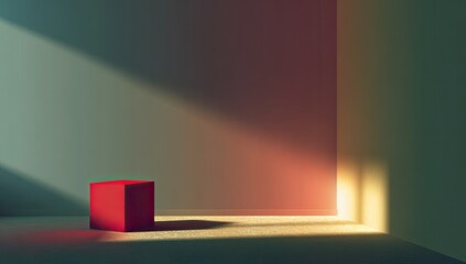 Obraz premium A minimalist room with a red cube illuminated by sunlight