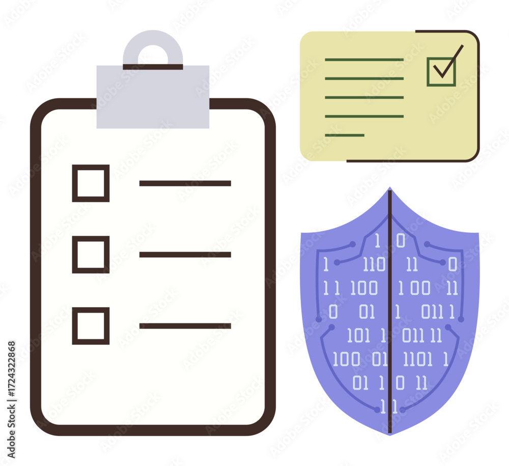 Poster checklist with three items, approved form, binary shield. ideal for security, organization, complian