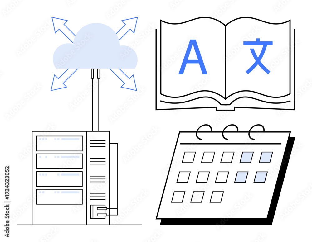 Poster cloud icon with arrows, server, open book with multilingual symbols, calendar with highlighted dates
