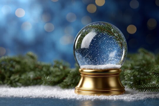 Snow globe sits on faux snow dark blue background with bokeh plus pine sprigs - Powered by Adobe