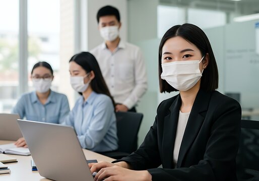 Office workers wearing face masks during a meeting - Powered by Adobe