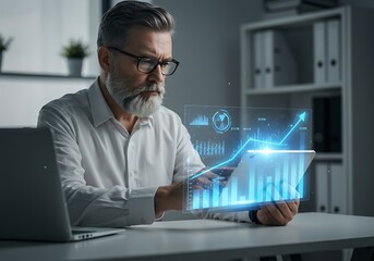 Fototapeta premium Businessman analyzes financial data on futuristic holographic tablet