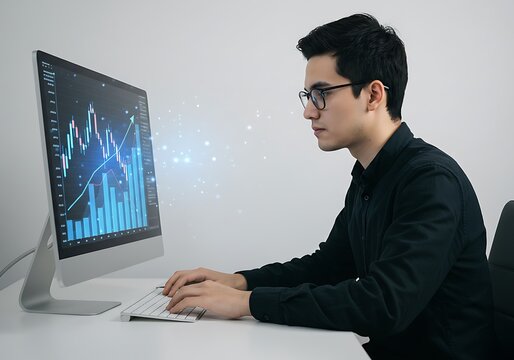 Young man in glasses analyzes stock market data on computer screen - Powered by Adobe