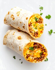 Two burritos, filled with breakfast ingredients, topped with cilantro