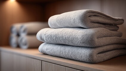 Stack of folded towels on a shelf
