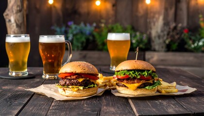 Two burgers and beers on a rustic table