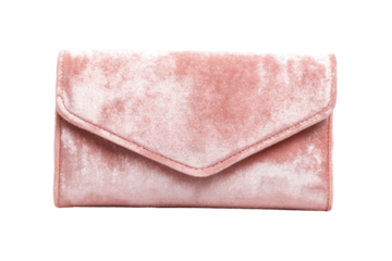 A blush pink velvet clutch purse, elegantly designed with a flap closure. background removed