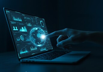 Futuristic laptop interface with glowing globe and finger interaction