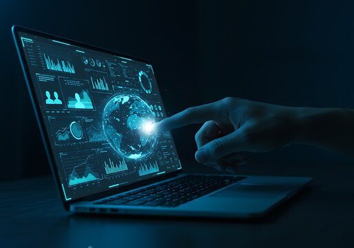 Futuristic laptop interface with glowing globe and finger interaction