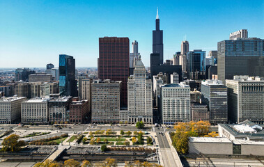 Fototapeta premium Modern business city landscape. Cityscape with business city district. Chicago cityscape skyline architecture. Skyscraper business area. Chicago cityscape. Business district. Chicago city skyline