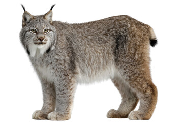 Obraz premium A majestic Eurasian lynx standing alert, showcasing its thick fur and tufted ears. background removed