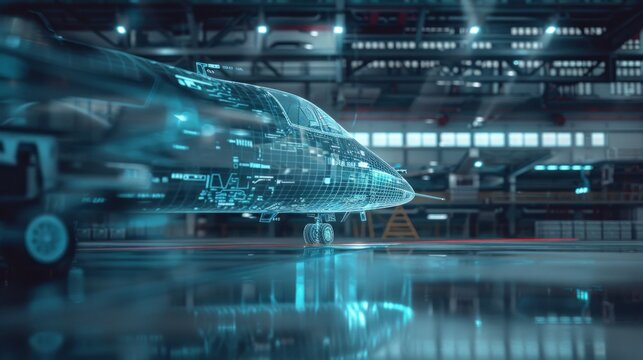 Digital airplane model in hangar