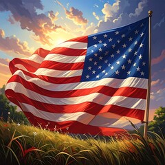 American flag waving in a field at sunrise