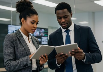 Two business professionals collaborating on a tablet in an office setting