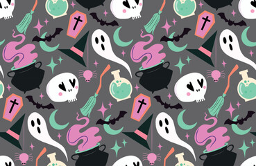 Halloween Seamless Vector Pattern &ndash; Spooky Pumpkins, Ghosts and Haunted Night Background