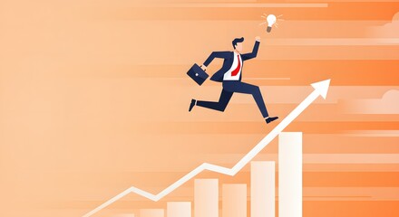 Innovative Business Success: Man Running Up a Bar Chart with an Idea Lightbulb for Career Growth