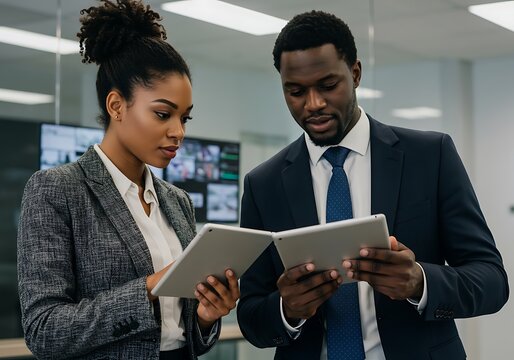 Two business professionals collaborating on a tablet in an office setting