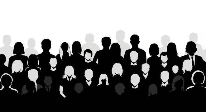 Silhouette Crowd Illustration: A Diverse Group of People in Black and White
