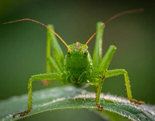 Close-up of a vibrant green grasshopper on a leaf