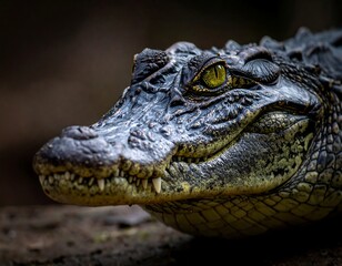 Fototapeta premium Close-up of a crocodile's head, profile view. Sharp focus on the snout, teeth, and eyes. Dark background emphasizes the reptile's features