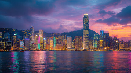 Fototapeta premium Vibrant city skyline illuminated at night with colorful lights reflecting on the water under a dramatic sky filled with clouds and sunset hues in an urban landscape.