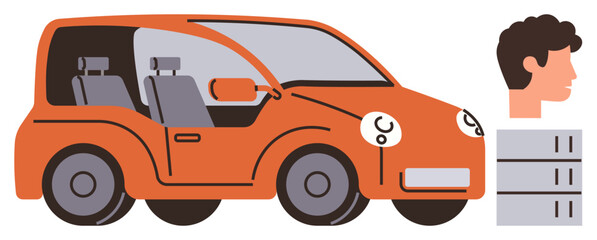 Naklejka premium Orange car with visible interiors, human profile, and server stacks representing connectivity, AI, and innovation. Ideal for technology, transportation, AI, innovation automation smart cities