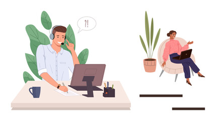 Male professional at desk with headset calling, female colleague with laptop responding in cozy chair. Ideal for communication, teamwork, remote work, office, collaboration, productivity, simple flat