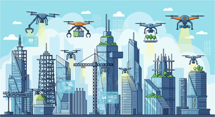 Drones fly over a futuristic city skyline delivering packages.