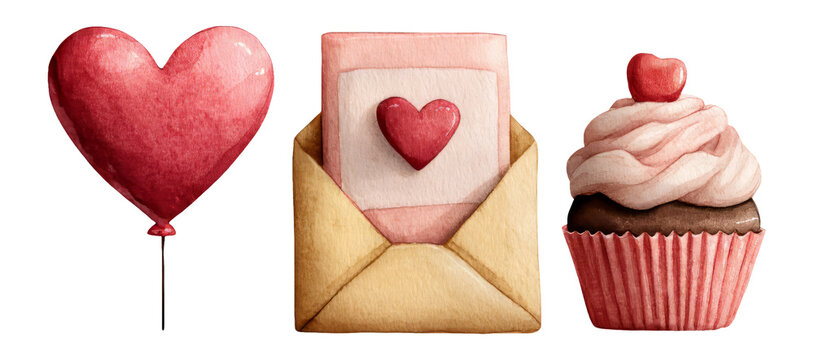 Heart Balloon, Love Letter, and Cupcake Illustrations for Romantic Themes