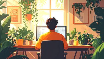 A young person works at a sunlit desk, surrounded by greenery