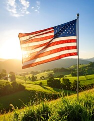 American flag waving over a verdant landscape at sunrise